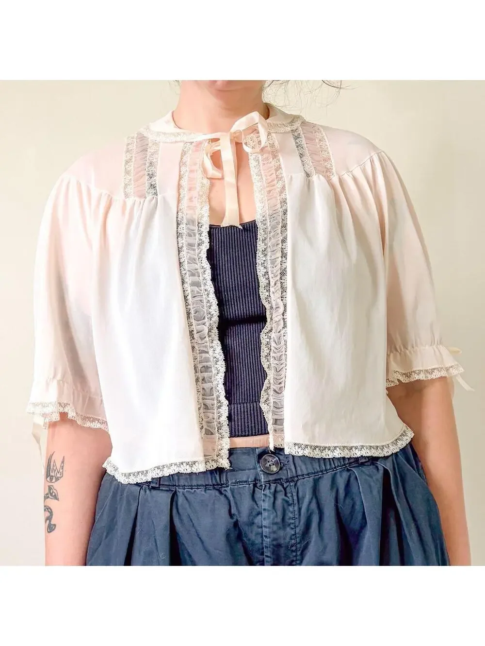 Fairycore Vintage Top Coquette Lace Sheer Bow Delicate Sleep Jacket Nightie